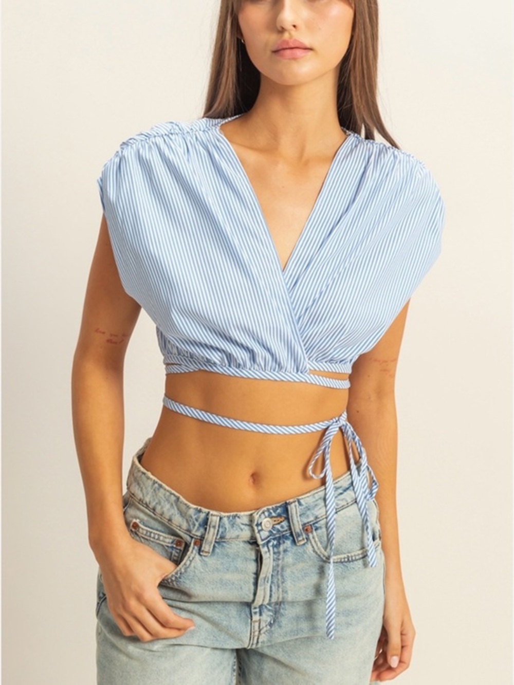 NWT Light Blue Striped Wrap Crop Top with Tie Waist - Medium